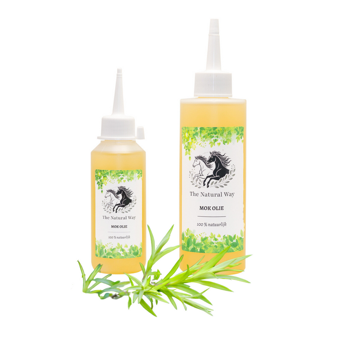 Mok olie The Natural Way Laura Cleirens, 100 % natuurlijk duurzaam product middel oplossing voor paarden met mok, rasp, regenschurft, rainrot, essentiële oliën