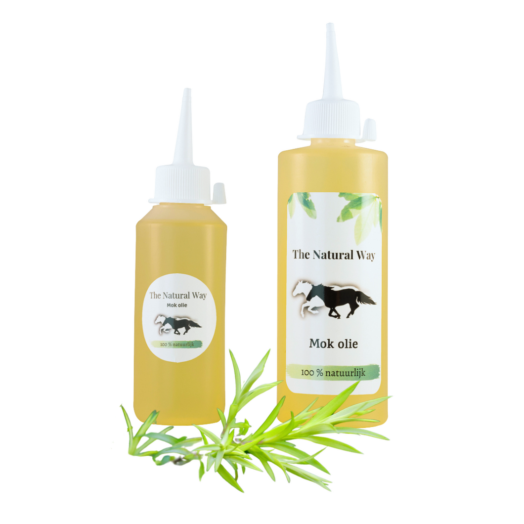 Mok olie The Natural Way Laura Cleirens, 100 % natuurlijk duurzaam product middel oplossing voor paarden met mok, rasp, regenschurft, rainrot, essentiële oliën